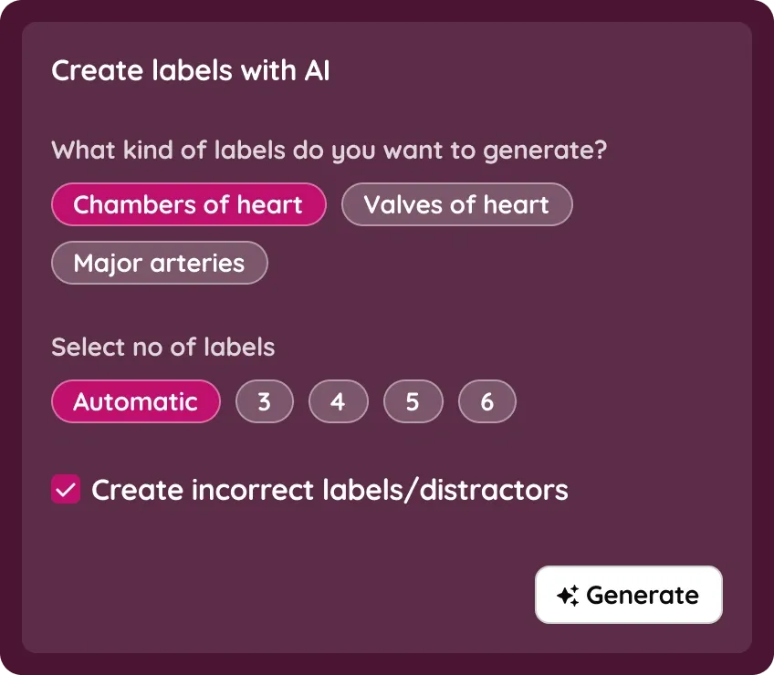 Label creation UI with separate controls for label category and number of labels.